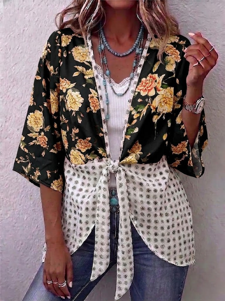 Floral & Dot Spliced V-neck Tie Front 3/4 Sleeve Blouse