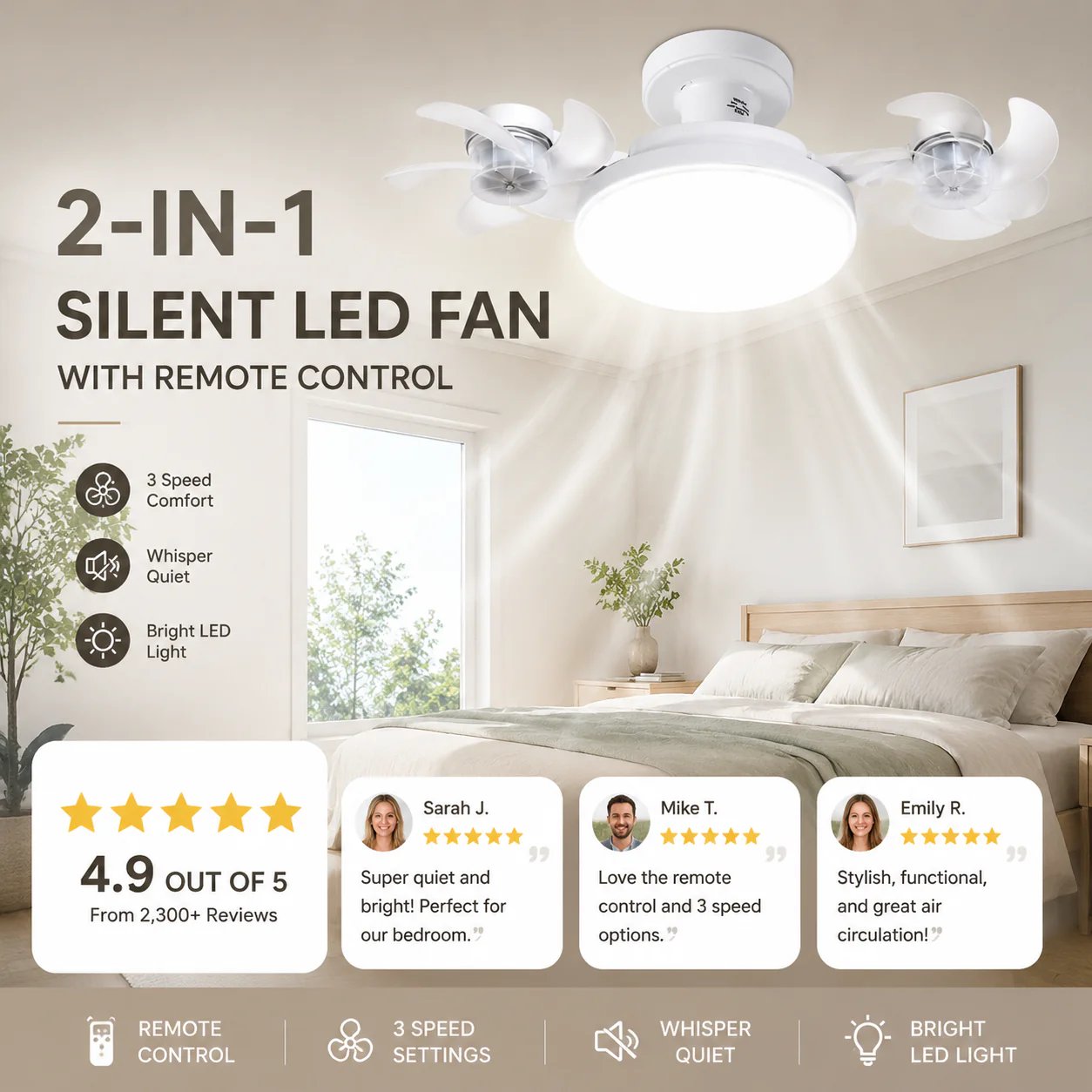 2‐in‐1 Silent LED Fan with Remote Control, Energy‐Saving Cooling & Lighting Combo for Home Bedroom