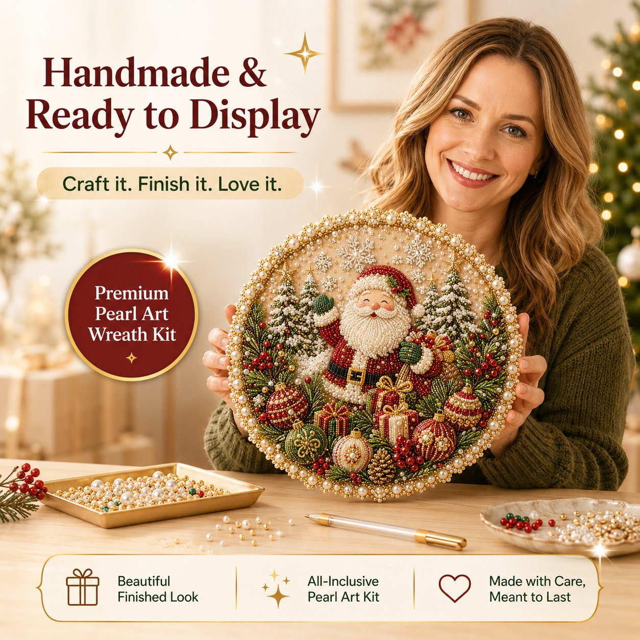 ✨ Four Seasons & Holiday Pearl Art Hanging Wreath Kit | Luxury Flocked Canvas with Scratch-Resistant Non-Fading Pearl Beads DIY Handmade Seasonal Decor 💎