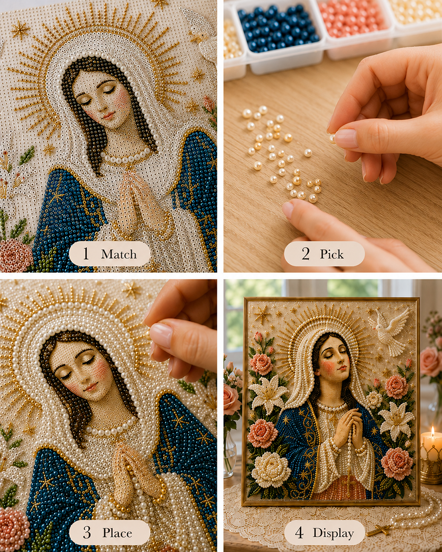 🙏 Divine Pearl Bead Virgin Mary Icon – A Peaceful DIY Faith Art Gift ✨