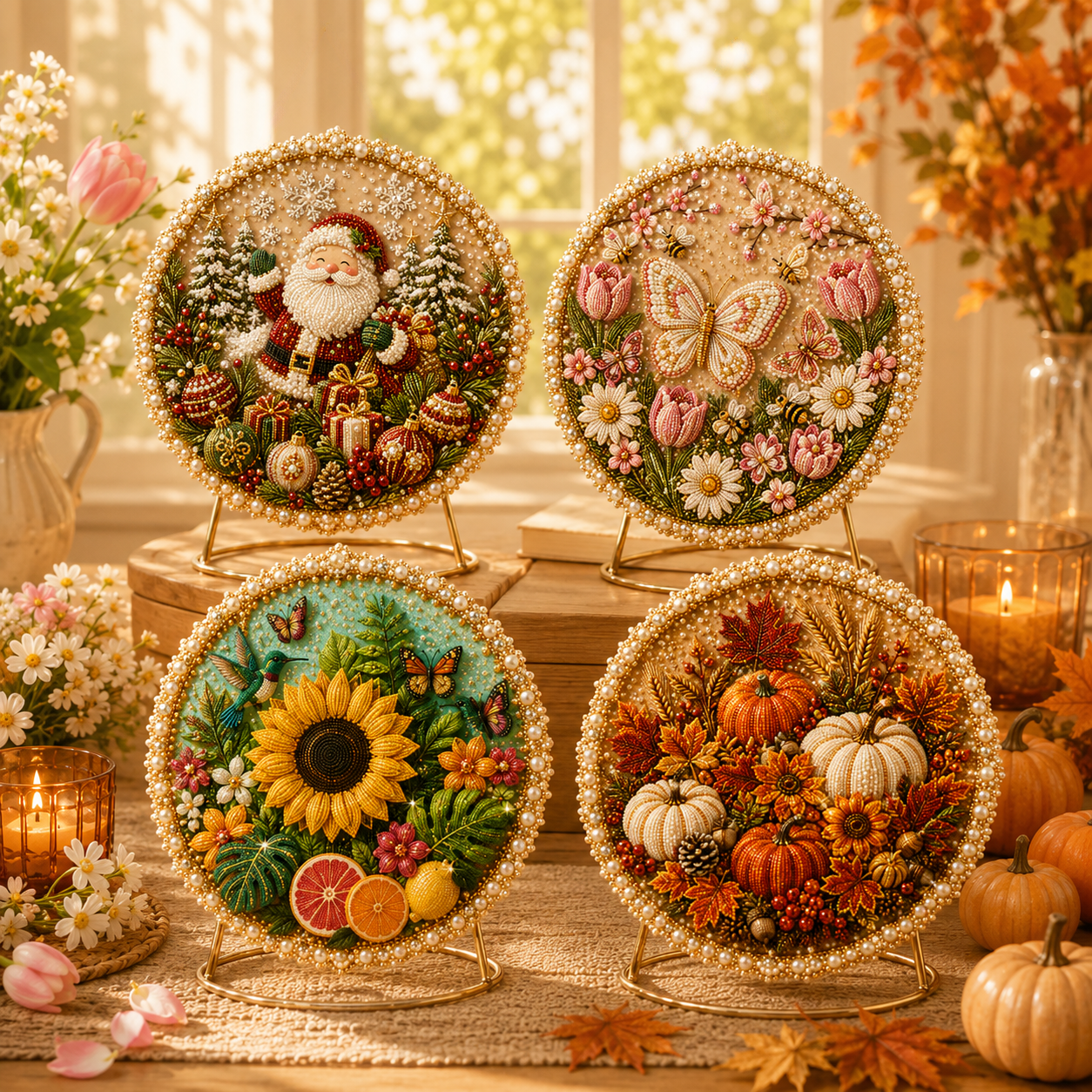 ✨ Four Seasons & Holiday Pearl Art Hanging Wreath Kit | Luxury Flocked Canvas with Scratch-Resistant Non-Fading Pearl Beads DIY Handmade Seasonal Decor 💎