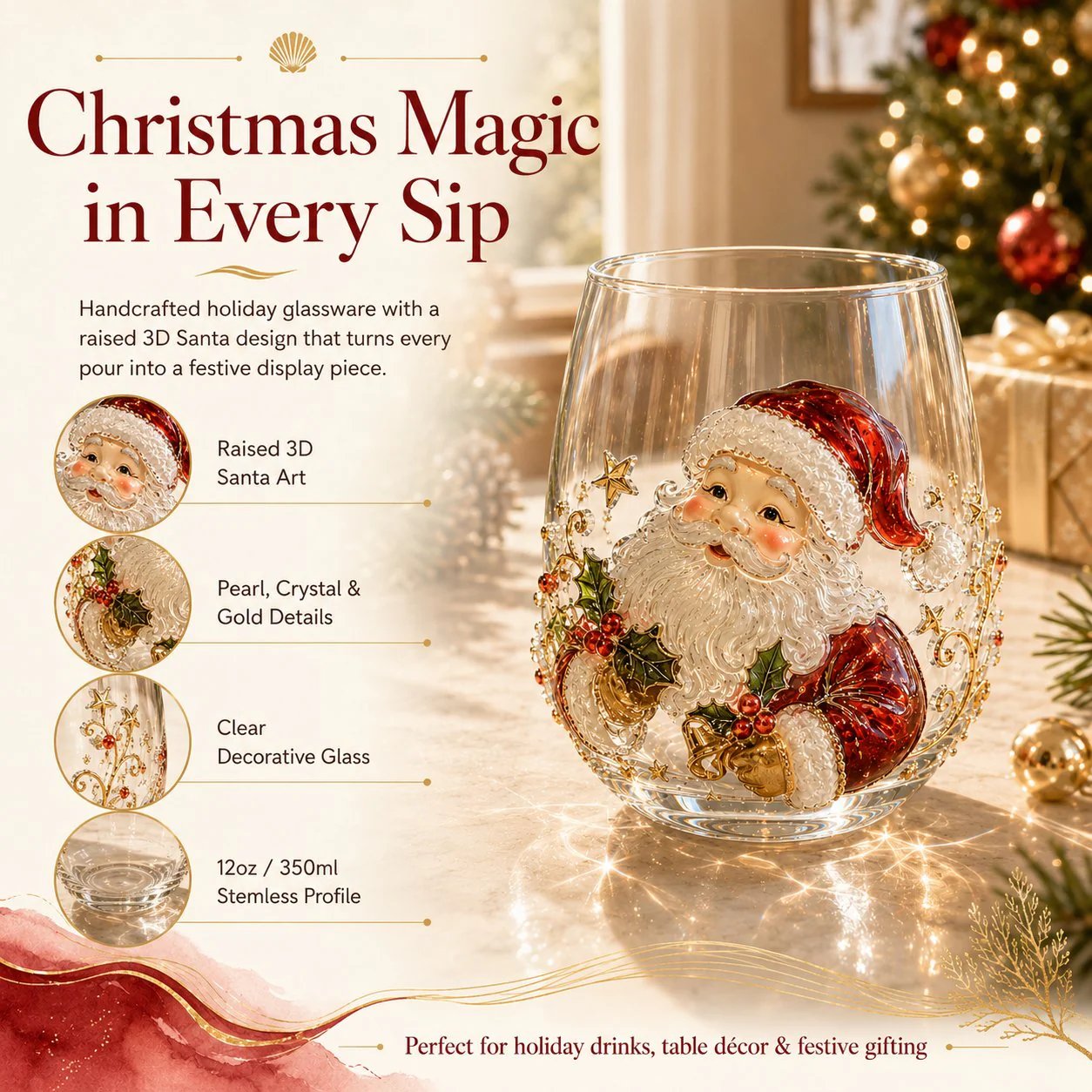 🎅Christmas Early Bird Sale🎄 3D Christmas Glass Art Cup | Luxury Raised Holiday Glassware for Drinks, Decor & Christmas Gifts 🎁