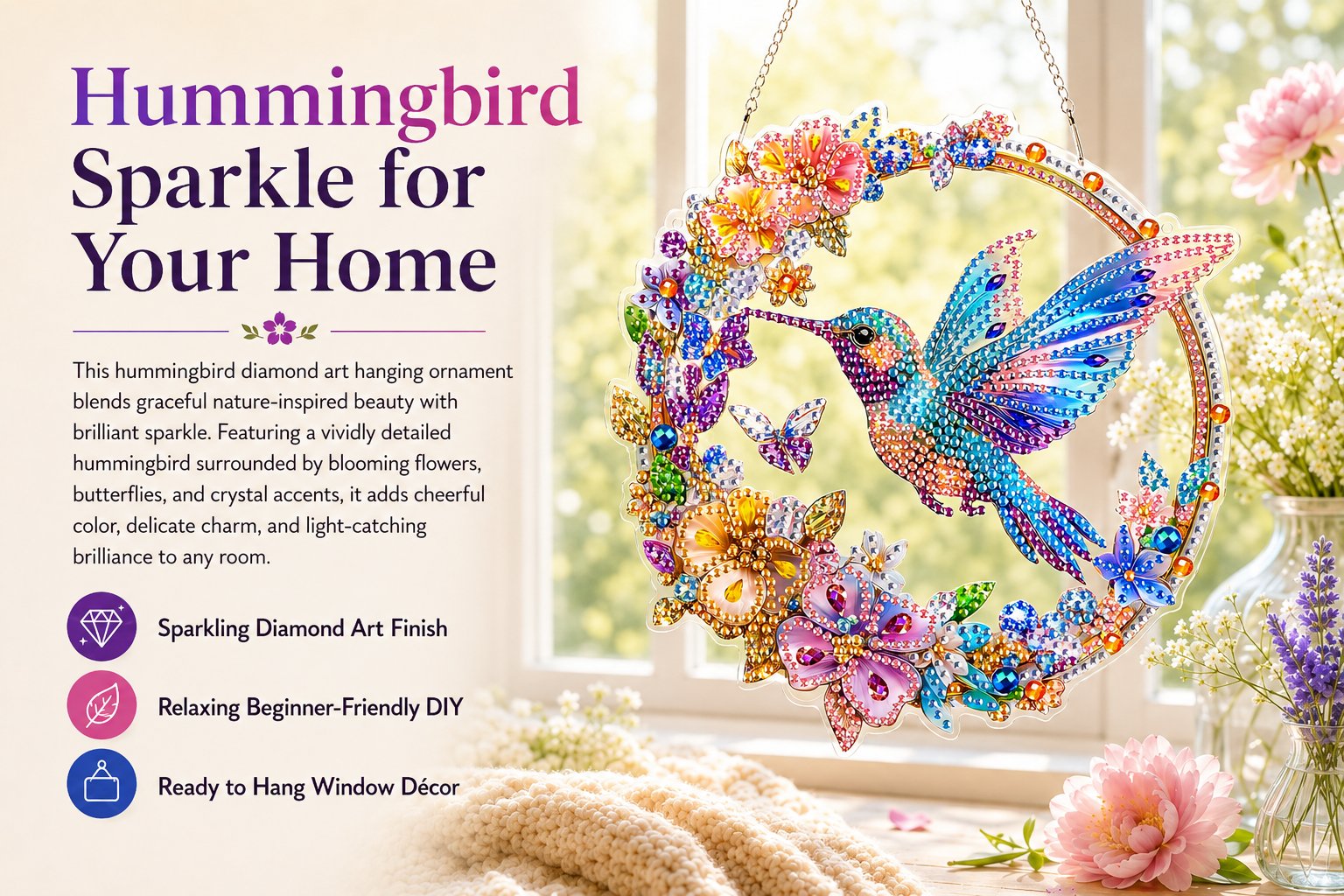 💥LAST DAY 50% OFF - Hummingbird Diamond Art Hanging Ornament Kit – Sparkling DIY Window Ornament 🐦✨