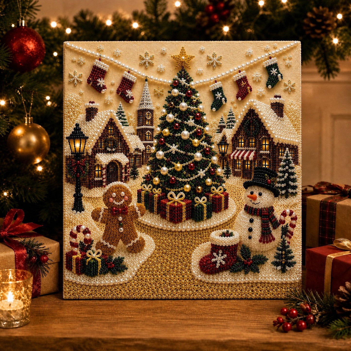 🎄🎅 Premium 3D Pearl Christmas Wall Art Kit | Luxury Flocked Canvas with Scratch-Resistant Non-Fading Pearl Beads DIY Holiday Decor ⛄️❄️