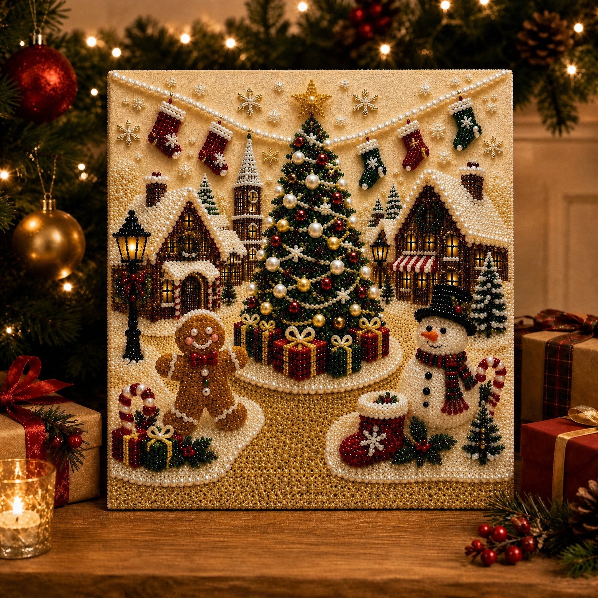 🎄🎅 Premium 3D Pearl Christmas Wall Art Kit | Luxury Flocked Canvas with Scratch-Resistant Non-Fading Pearl Beads DIY Holiday Decor ⛄️❄️