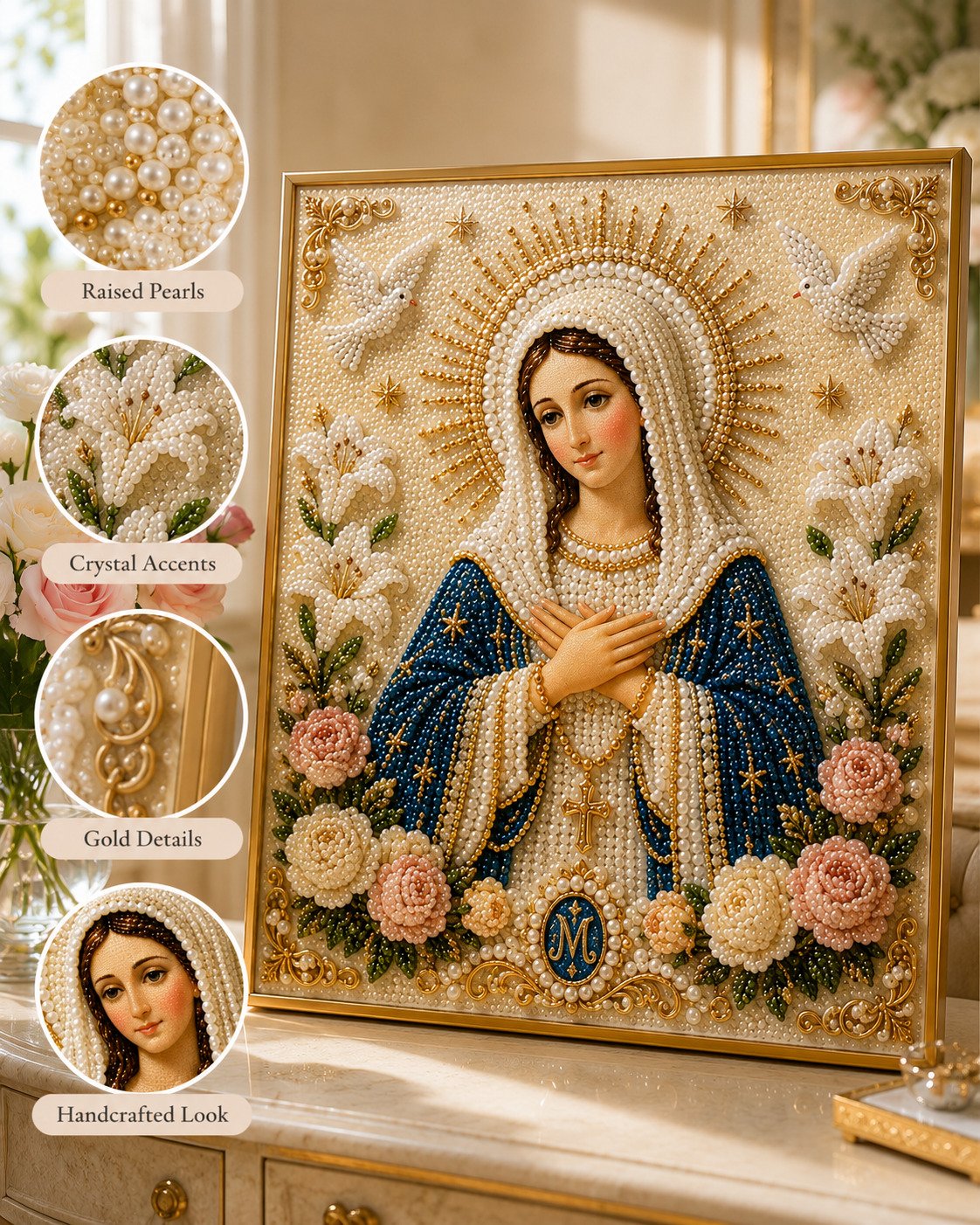 🙏 Divine Pearl Bead Virgin Mary Icon – A Peaceful DIY Faith Art Gift ✨