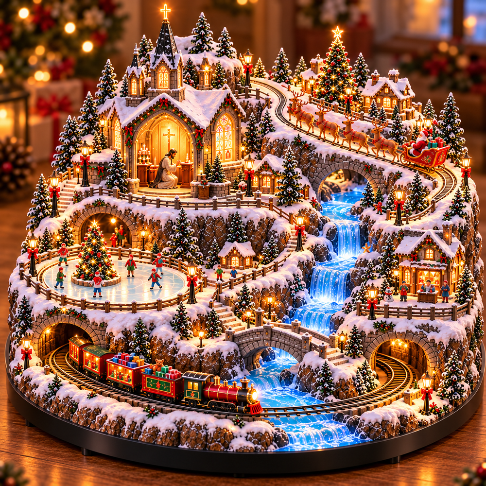 Complete snowy Christmas village featuring glowing church, train, reindeer sleigh, skating rink and waterfall scenery