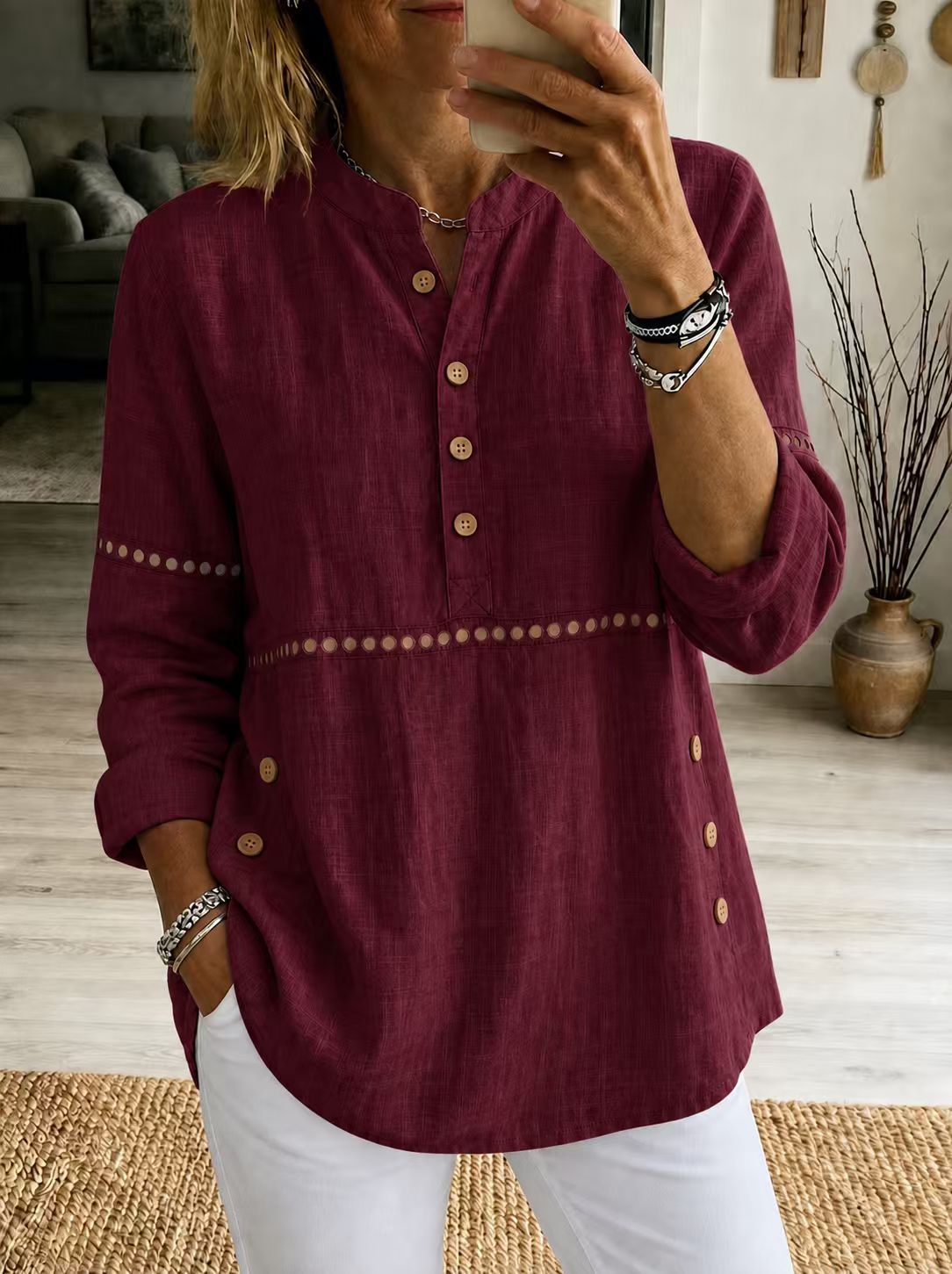 Hollow Eyelet Stand Collar Linen Henley Blouse