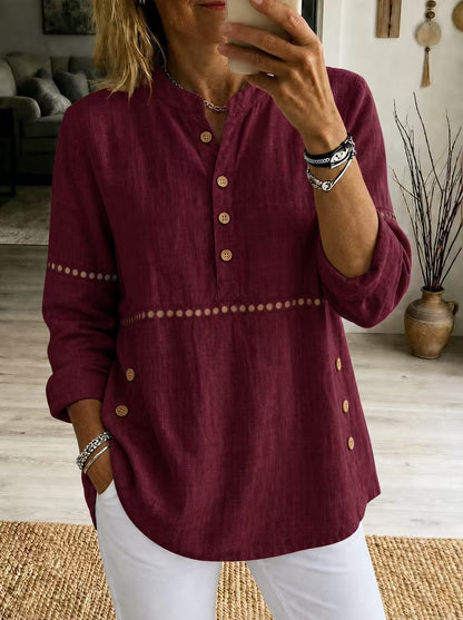 Hollow Eyelet Stand Collar Linen Henley Blouse
