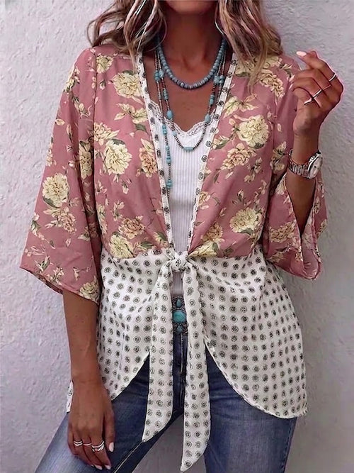 Floral & Dot Spliced V-neck Tie Front 3/4 Sleeve Blouse