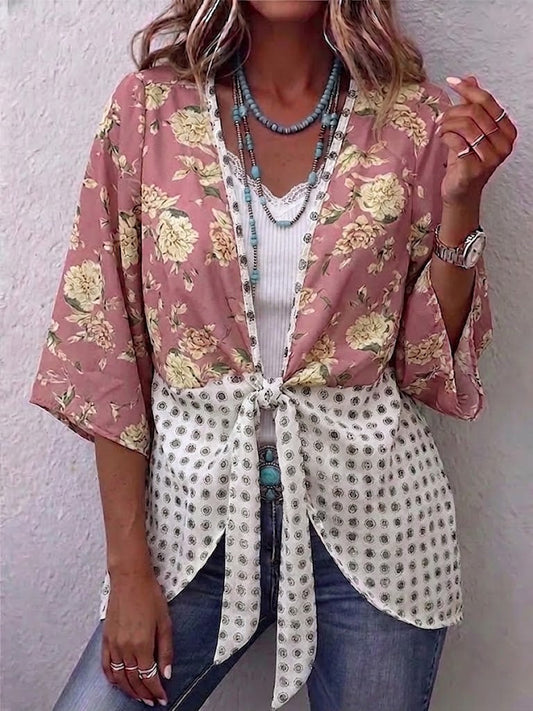Floral & Dot Spliced V-neck Tie Front 3/4 Sleeve Blouse