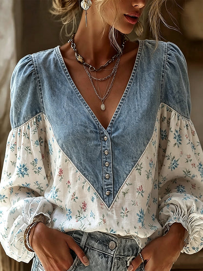 Boho-Chic  Floral Paneling Denim Blouse