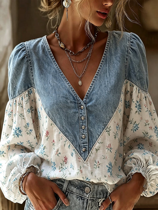 Boho-Chic  Floral Paneling Denim Blouse