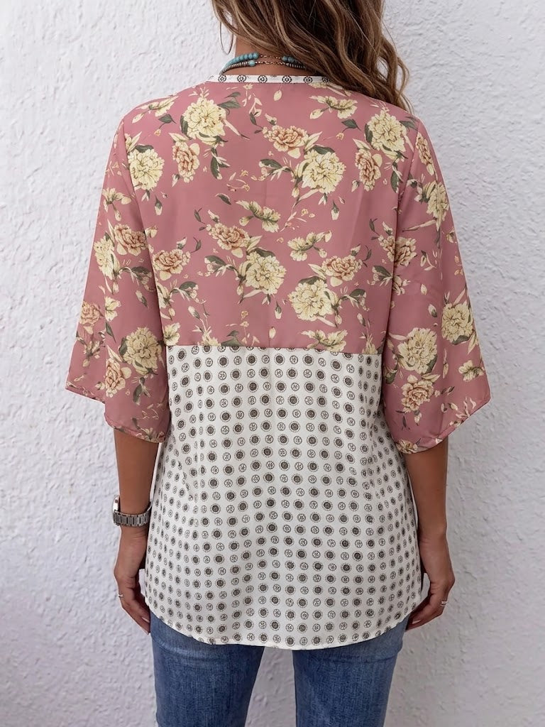 Floral & Dot Spliced V-neck Tie Front 3/4 Sleeve Blouse
