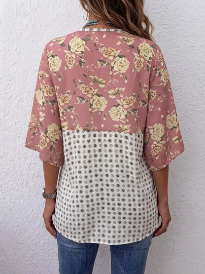Floral & Dot Spliced V-neck Tie Front 3/4 Sleeve Blouse