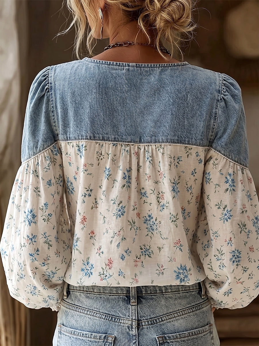 Boho-Chic  Floral Paneling Denim Blouse