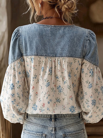 Boho-Chic  Floral Paneling Denim Blouse