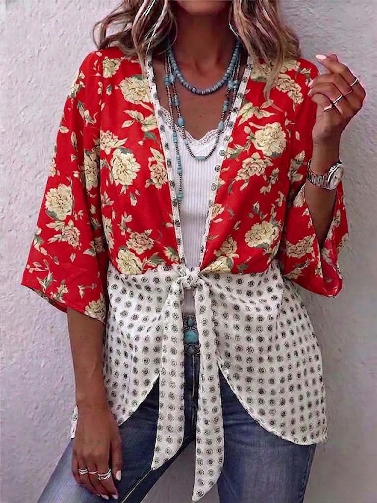 Floral & Dot Spliced V-neck Tie Front 3/4 Sleeve Blouse