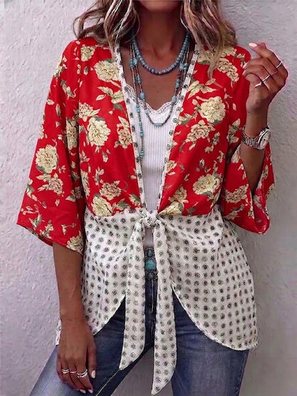 Floral & Dot Spliced V-neck Tie Front 3/4 Sleeve Blouse