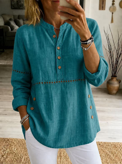 Hollow Eyelet Stand Collar Linen Henley Blouse