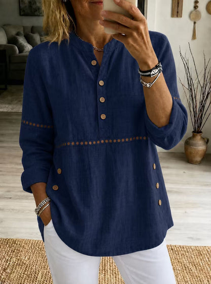 Hollow Eyelet Stand Collar Linen Henley Blouse