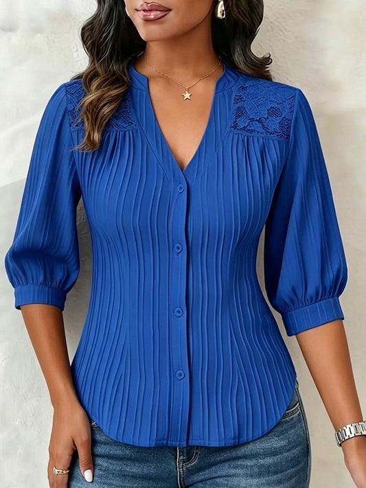 Lace-paneled V-neck Blouse Featuring Vertical Pleats, A Fitted Waist, And Puff Three-quarter Sleeves