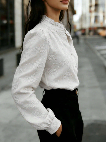 Elegant Floral Embroidered Ruffled Blouse