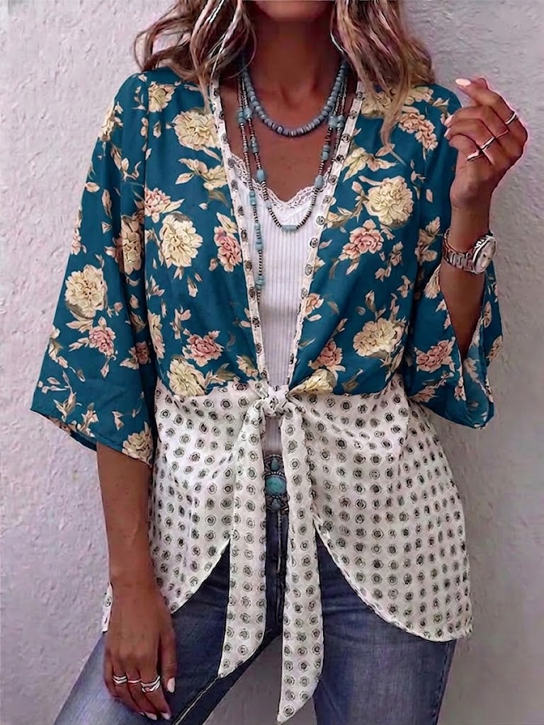 Floral & Dot Spliced V-neck Tie Front 3/4 Sleeve Blouse