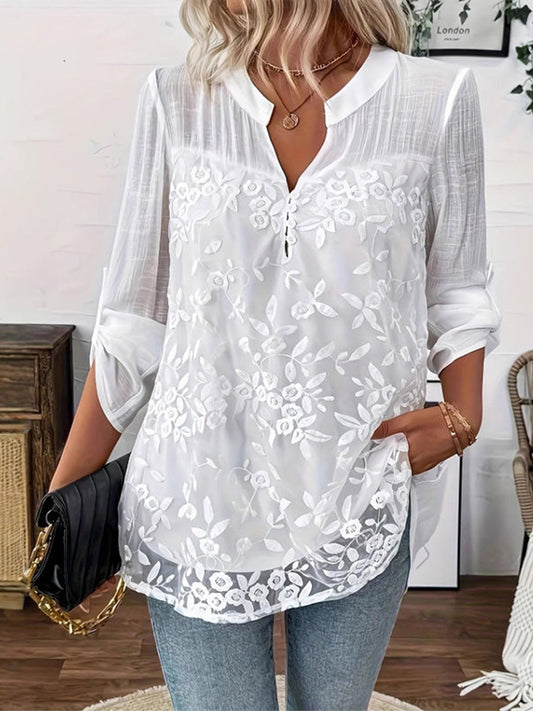 Ethereal Floral Embroidered Henry Neck Tunic Blouse