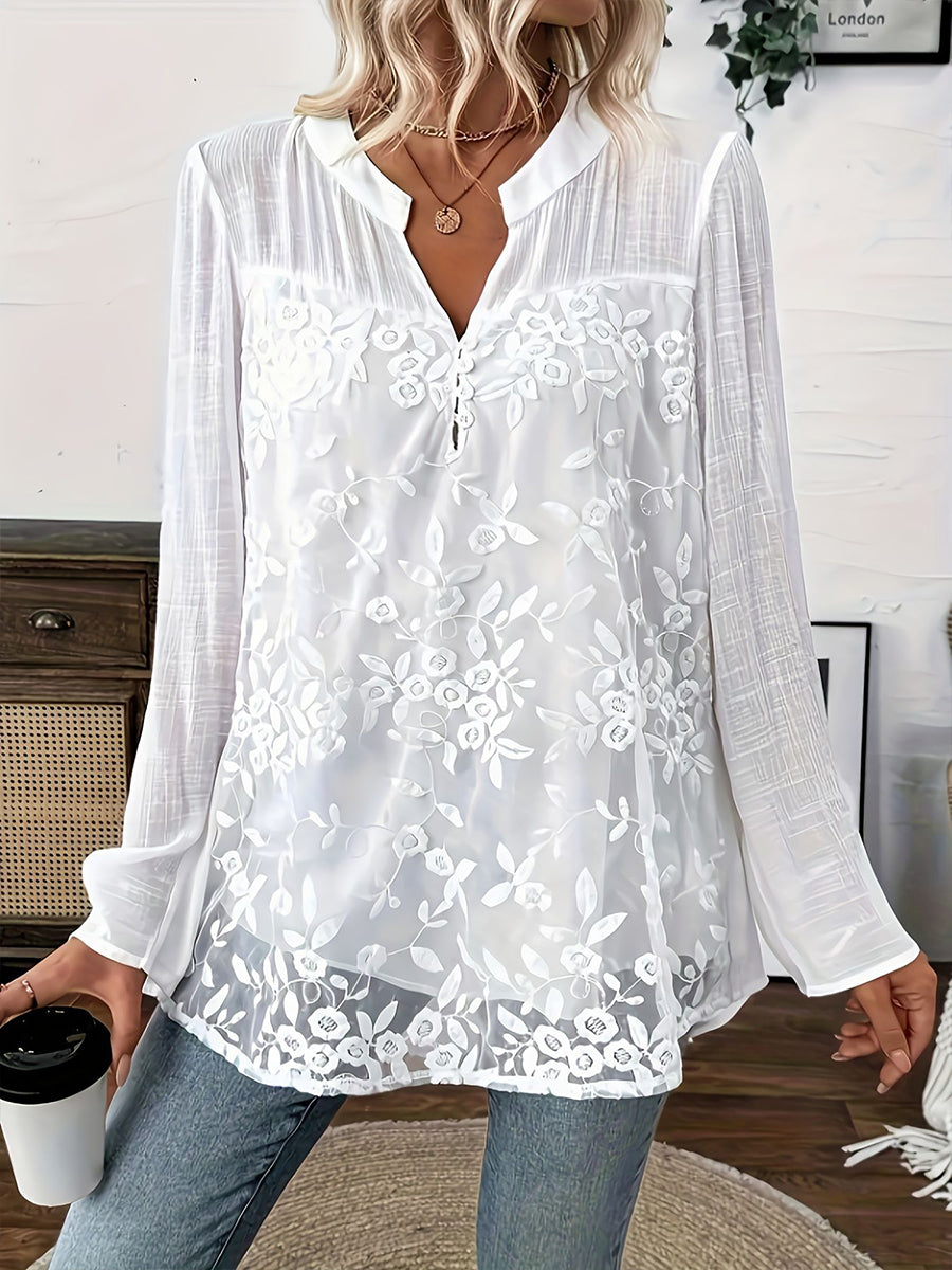 Ethereal Floral Embroidered Henry Neck Tunic Blouse