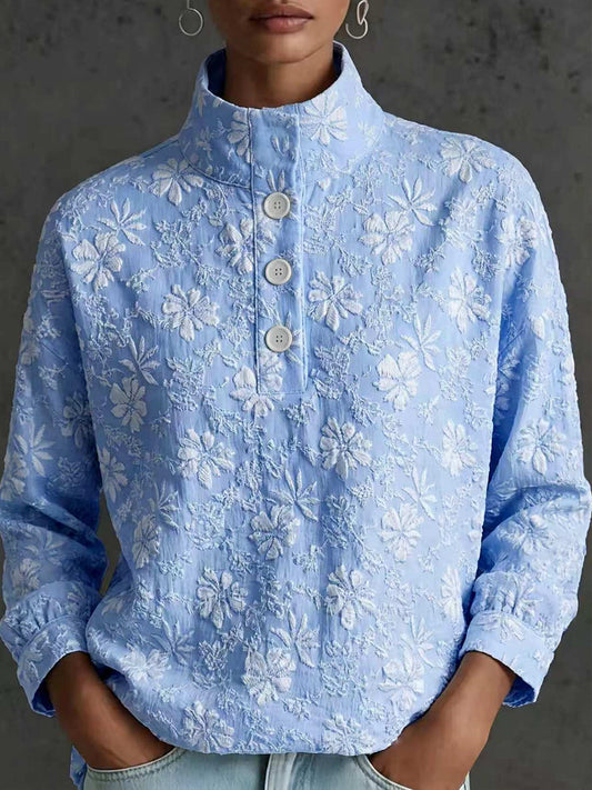 Elegant Floral Textured Mock-Neck Blouse