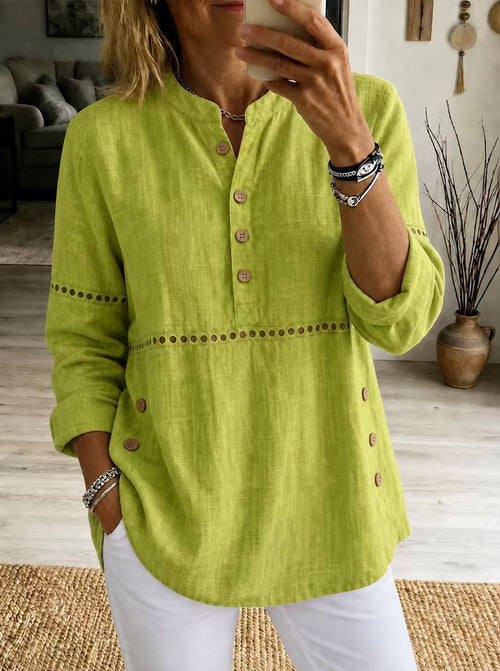 Hollow Eyelet Stand Collar Linen Henley Blouse