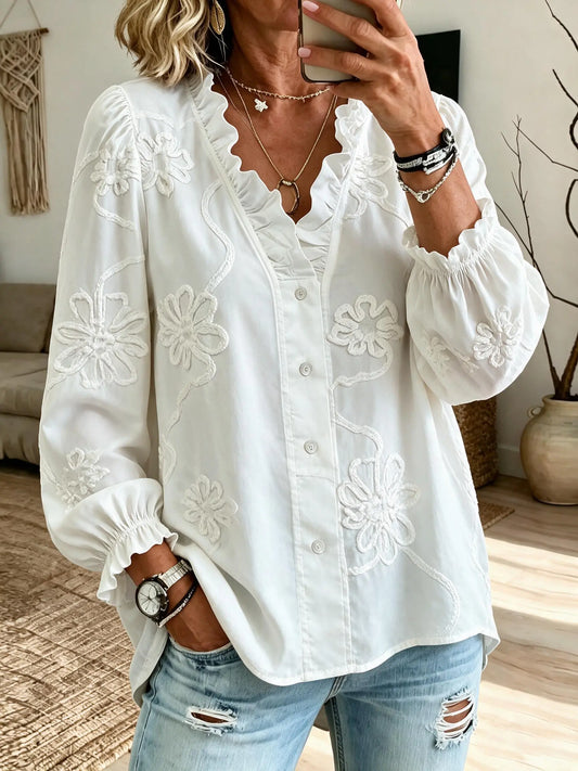 Women's Cotton long-sleeved Embroidered Ruffled Blouse/Shirt