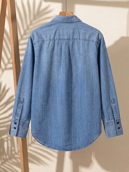 Washed Denim‑look Front Multi‑ruffle Long‑sleeve Blouse