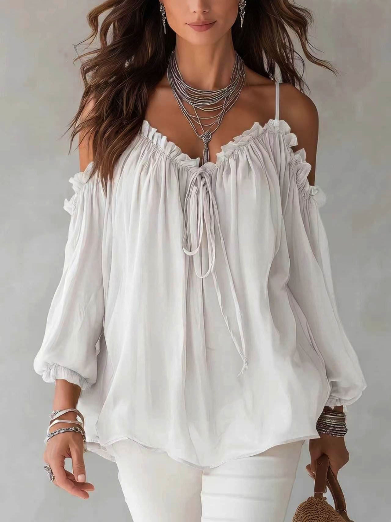 Boho Ruffled Off-shoulder Chiffon Blouse