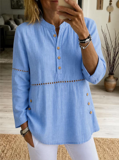 Hollow Eyelet Stand Collar Linen Henley Blouse