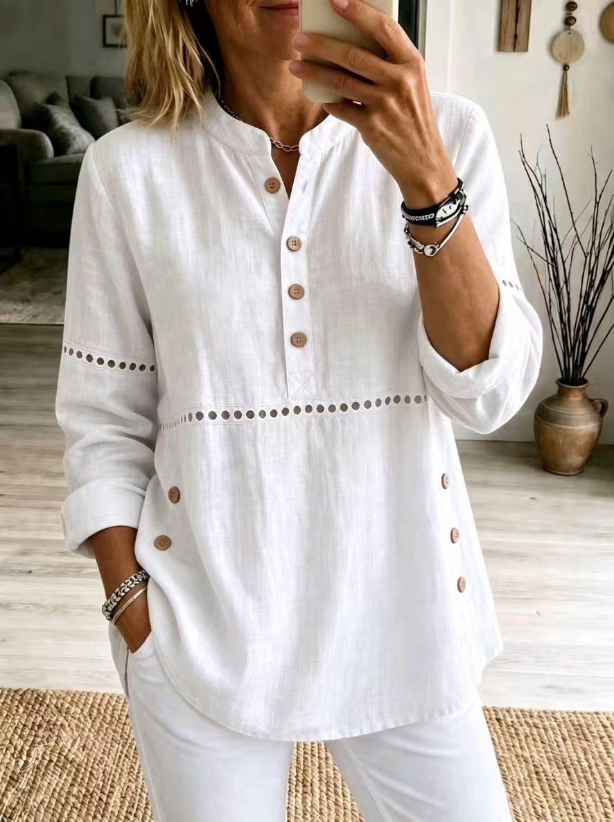 Hollow Eyelet Stand Collar Linen Henley Blouse