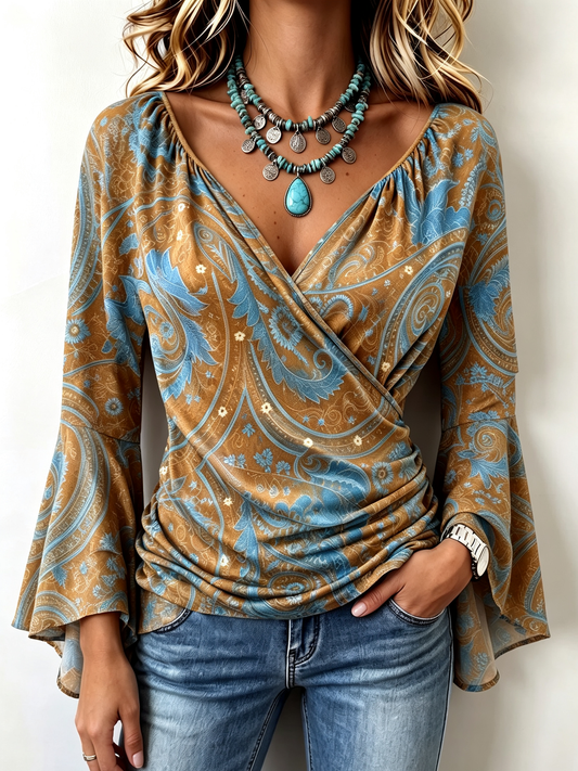 Bohemian Casual Stretch Bell Sleeves Blouse