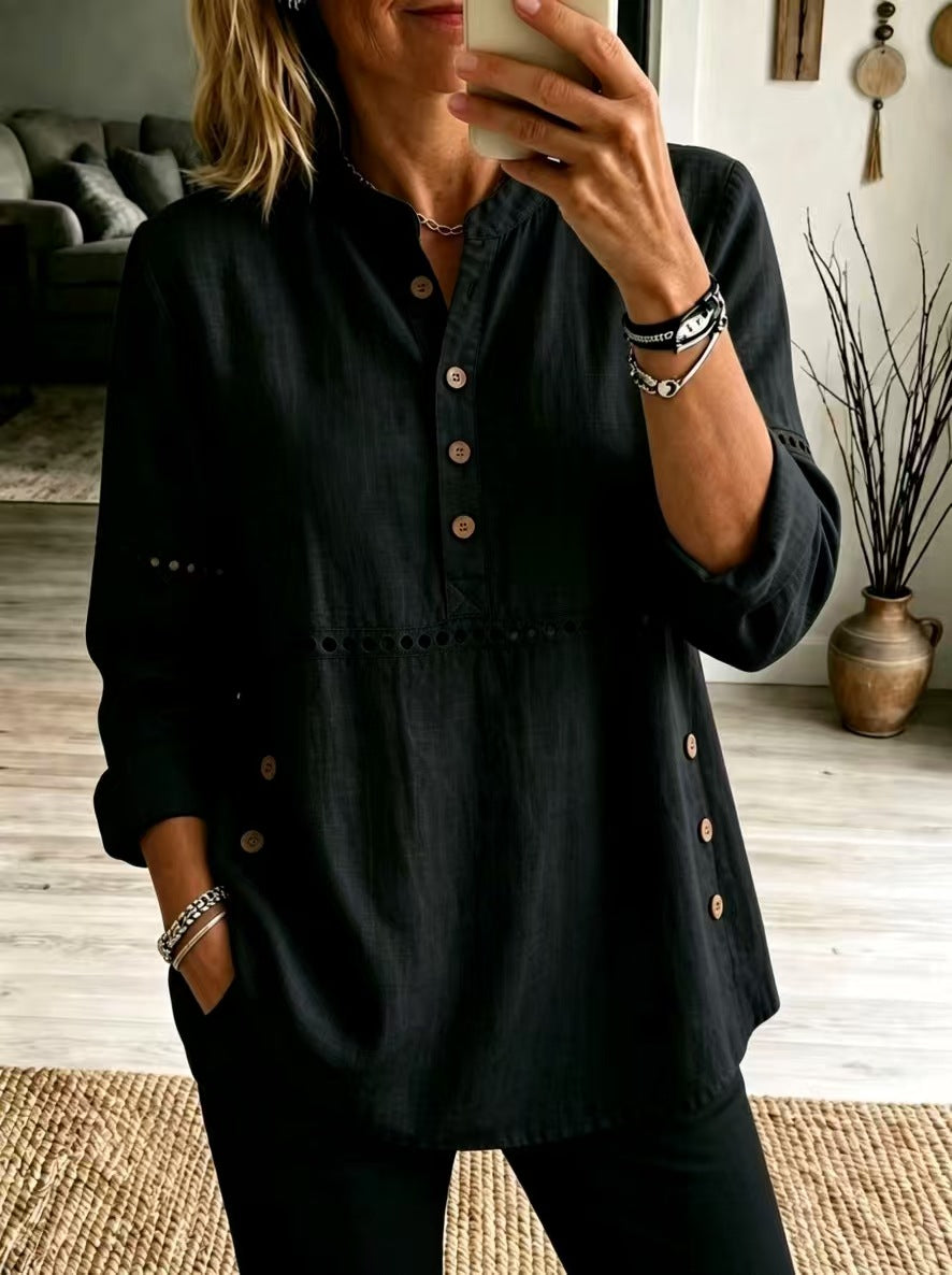 Hollow Eyelet Stand Collar Linen Henley Blouse