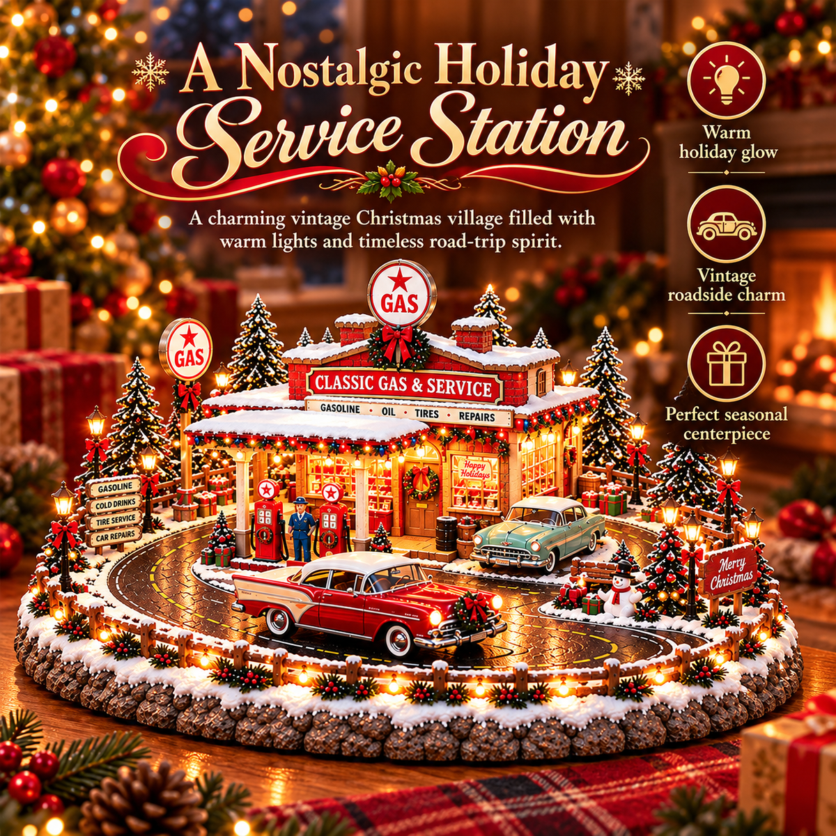 🚗🎄 Christmas Classic Gas Station Village™ – Lighted Vintage American Gas Station with Classic Cars
